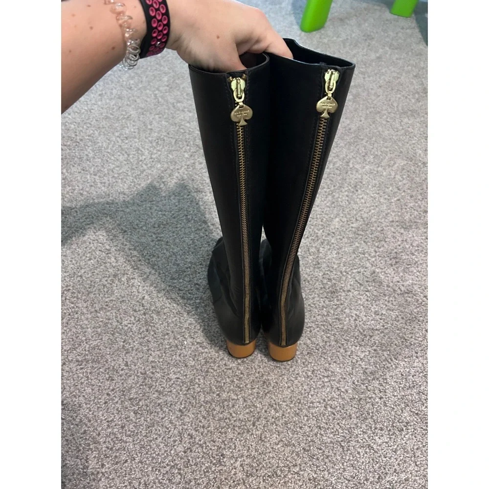 Kate Spade New York‎ Black Leather Knee High Boots Block Heel Zip Back